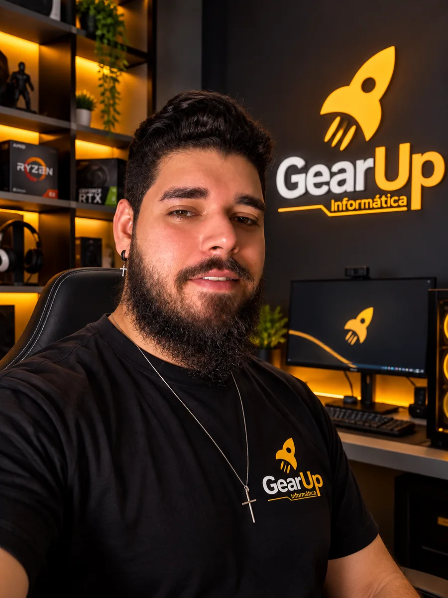 Robson Aquino, fundador da Gear UP Informática, em ambiente com a identidade visual da marca
